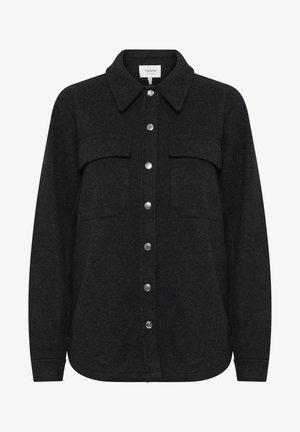 Sort skjortejakke i uldblanding med spidse kraver, to brystlommer og sølvfarvede trykknapper langs frontlukningen. Blød tekstur.