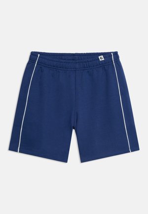 Marineblå atletikshorts med elastisk talje og hvide side striber, vist fladt på en hvid baggrund.