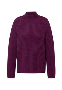 Lila, gestrickter Pullover mit hohem Kragen, weiten Ärmeln, strukturiertem Rippstoff und lockerer Passform. Keine sichtbaren Muster oder Beschläge.