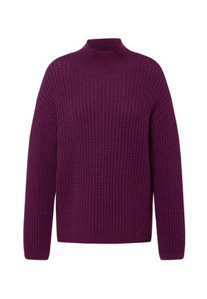 Lila, gestrickter Pullover mit hohem Kragen, weiten Ärmeln, strukturiertem Rippstoff und lockerer Passform. Keine sichtbaren Muster oder Beschläge.
