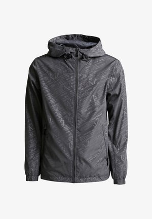 Grauer Kapuzenjacke mit Reißverschluss, elastischen Bündchen und durchgehendem Textmuster mit den Worten "Alessandro Zavetti" und "Milano".