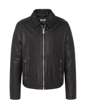 Giacca in pelle nera con colletto, zip frontale e due tasche verticali con zip su sfondo bianco.