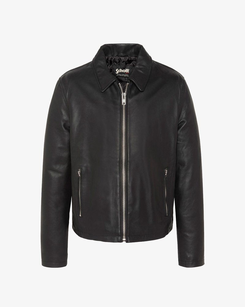 Veste en cuir noire avec col, fermeture éclair frontale et deux poches verticales zippées sur fond blanc.