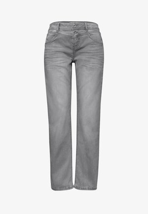 Jean gris clair à jambes droites avec poches frontales, double bouton et fermeture éclair, et légère décoloration sur les cuisses.