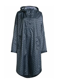 Donkergrijze regenponcho met geometrisch bladerenpatroon, capuchon, voorzakken en knoopsluiting op de voorkant.