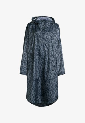 Dunkelgrauer Regenponcho mit geometrischem Blattmuster, Kapuze, frontalen Taschen und Knopfverschluss an der Frontblende.