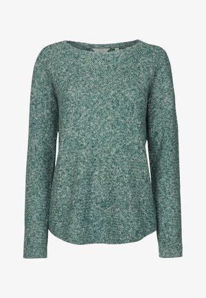 Long-sleeve knitted sweater in mottled teal and gray with a round neckline and ribbed cuffs and hem.