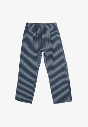 Katoenen broek met een donkerblauwe stof met witte verticale strepen, een elastische tailleband en een losse, wijde pasvorm.