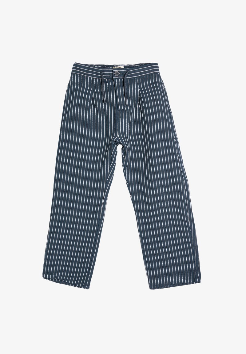Katoenen broek met een donkerblauwe stof met witte verticale strepen, een elastische tailleband en een losse, wijde pasvorm.