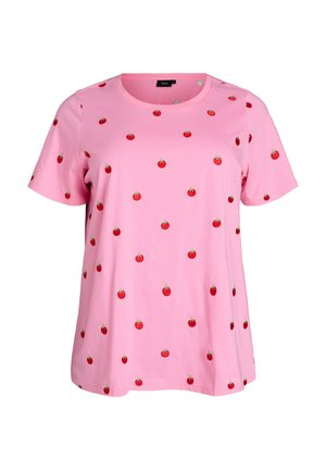Pink short-sleeve t-shirt with a round neckline, decorated with small red tomato patterns evenly scattered across the fabric.