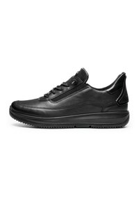 Black leather sneaker with a smooth texture, low profile design, lace-up closure, and a rubber sole featuring traction grooves.