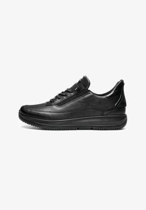 Black leather sneaker with a smooth texture, low profile design, lace-up closure, and a rubber sole featuring traction grooves.