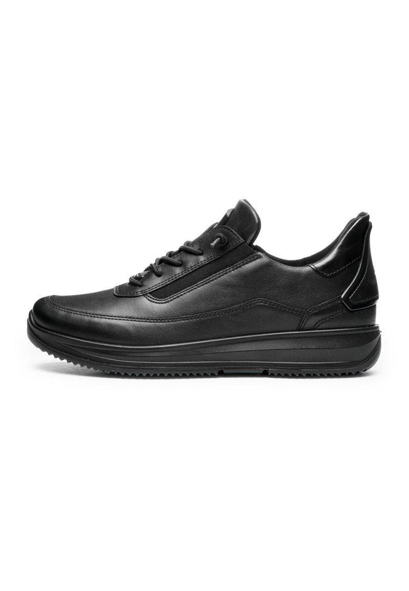Black leather sneaker with a smooth texture, low profile design, lace-up closure, and a rubber sole featuring traction grooves.