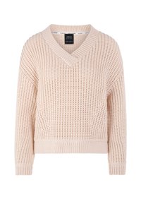 Light pink knit sweater with v-neck, ribbed texture, and long sleeves. Features a hemline that extends slightly below the waist.