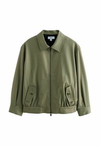 Olivgrüne Zip-Jacke mit Kragen, seitlichen Taschen und elastischem Bund. Hergestellt aus glattem Stoff mit einem schlichten, strukturierten Design.