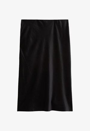 Zwarte kokerrok gemaakt van een gladde, lichte stof. Heeft een rechte snit en een eenvoudig, onopgesmukt ontwerp zonder zichtbare patronen of hardware.