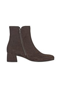 Brown suede ankle boot with a rounded toe, side zipper, and a low block heel. Smooth texture with a simple, streamlined design.