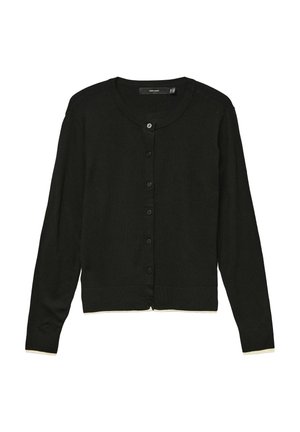 Juodas kardiganas su ilgomis rankovėmis, apvalia iškirpte, priekyje užsegamas mygtukais, su kontrastingomis šviesiomis apykakle ir rankogaliais. Minkšta mezgimo tekstūra.