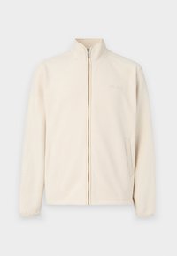 Cream-colored fleece jacket with a high collar, front zipper closure, and two side pockets; features subtle brand logo on the chest.