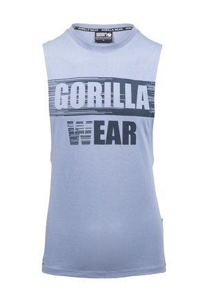 Light blue, sleeveless men's tank top with a round neck. Features black "GORILLA WEAR" text and striped accents. Made of soft fabric.