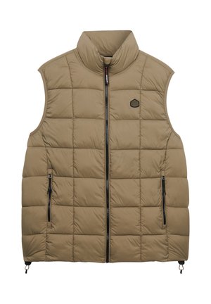 Veste matelassée sans manches marron clair avec fermeture éclair frontale, poches latérales zippées, col montant et petit logo hexagonal sur la poitrine.