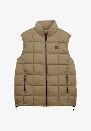 Lichtbruine doorgestikte mouwloze bodywarmer met ritssluiting aan de voorkant, ritssluitingen aan de zijkanten, hoge kraag en klein zeshoekig logo op de borst.