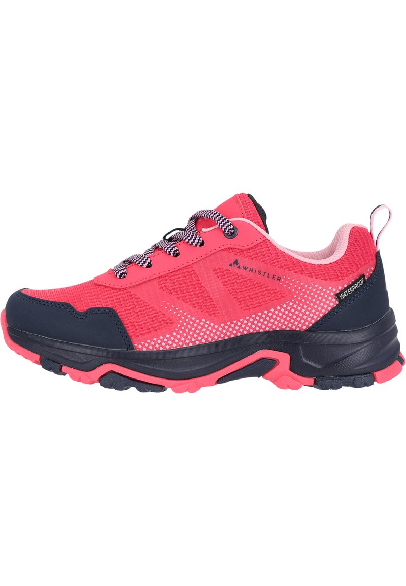 Vedenkestävät vaelluskengät vaaleanpunaisena ja tummansinisenä, joissa on verkkopinta, pehmustettu nilkkaosa, kuvioitu pohja ja kontrastiväriset nauhat. Mukana logodetaljointi.