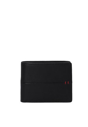 Black leather wallet with a smooth texture, rectangular shape, and red accent lines. Features a minimalistic design with card slots.
