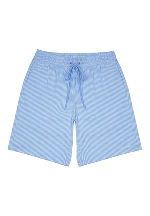 Light blue swim shorts with vertical white stripes, elastic waistband, drawstring, and logo detail on the lower right side.