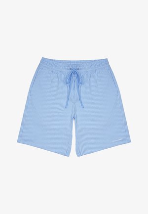 Lyseblå badeshorts med vertikale hvite striper, elastisk midje, snøring og logodetalj nederst til høyre.