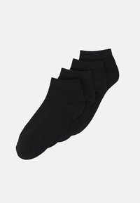 Schwarze Knöchelsocken im Viererpack. Hergestellt aus einem glatten Stoff, verfügen sie über ein einfaches Design mit einem gerippten Bündchen und ohne sichtbare Muster.