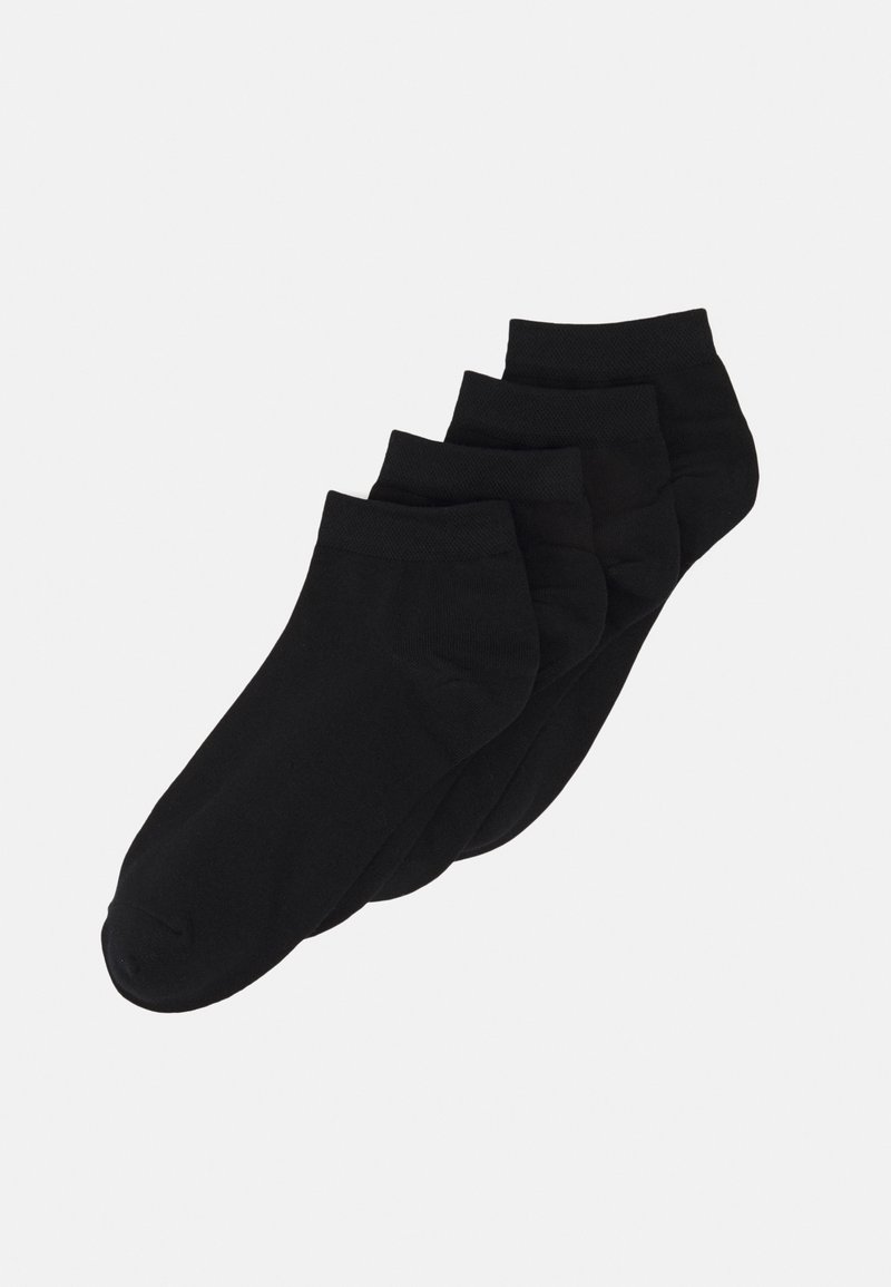 Schwarze Knöchelsocken im Viererpack. Hergestellt aus einem glatten Stoff, verfügen sie über ein einfaches Design mit einem gerippten Bündchen und ohne sichtbare Muster.