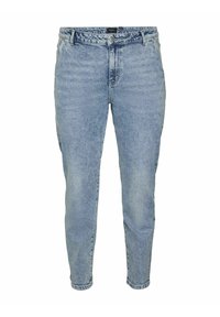 Ljusblå jeans med avsmalnande ben, gjorda av denim. Har en knappstängning, fem fickor och diskret blekning för textur.