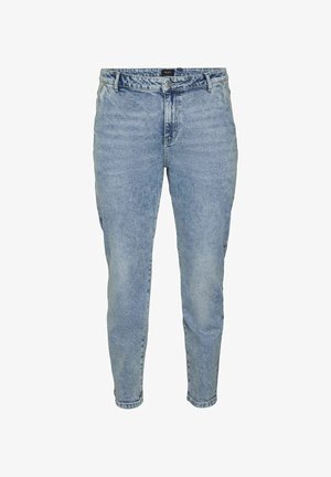 Lichtblauwe jeans met een taps toelopende pijp, gemaakt van denim. Voorzien van een knopen sluiting, vijf zakken en subtiele vervaging voor textuur.