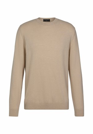 Beiger Strickpullover mit Rundhalsausschnitt, langen Ärmeln sowie gerippten Bündchen und Saum. Hergestellt aus weichem Stoff mit glatter Textur.