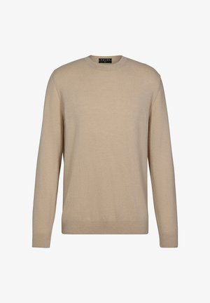 Beiger Strickpullover mit Rundhalsausschnitt, langen Ärmeln sowie gerippten Bündchen und Saum. Hergestellt aus weichem Stoff mit glatter Textur.