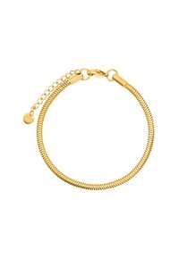 Bracciale d'oro con un design flessibile a zigzag. Include una chiusura a gancio e un'estensione con una piccola targhetta rotonda. Texture metallica liscia.