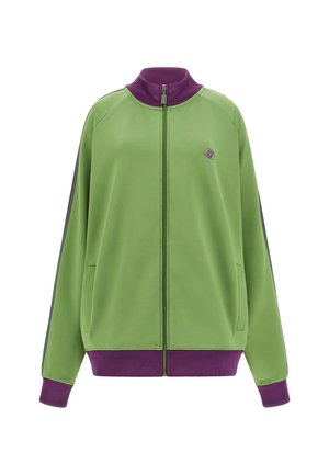 Veste zippée verte avec un col haut, des accents violets et des poches latérales. Fabriquée en tissu lisse avec une coupe décontractée et des poignets côtelés.
