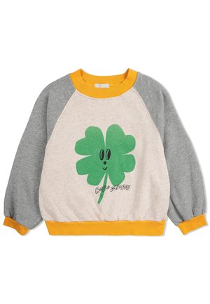 Light gray sweatshirt with a green four-leaf clover graphic and smiling face, yellow ribbed collar, and gray raglan sleeves.