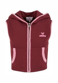 Burgunderfarget ermeløs hettegenser med rosa detaljer, frontglidelås og logo. Har hette og to sidelommer. Laget av myk stoff.