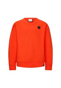 Felpa arancione con collo a giro, polsini e orlo ribattuti, con un piccolo patch con logo nero sul lato superiore sinistro. Tessuto morbido.