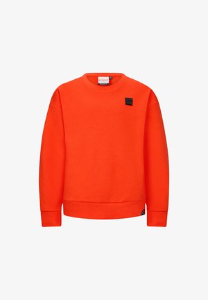 Orangener Sweatshirt mit Rundhalsausschnitt, gerippten Bündchen und Saum, versehen mit einem kleinen schwarzen Logo-Patch auf der oberen linken Seite. Weiche Stofftextur.