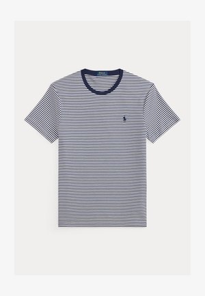 T-shirt à manches courtes rayé horizontalement bleu marine et blanc, col rond et petit logo Polo Ralph Lauren brodé sur la poitrine gauche.