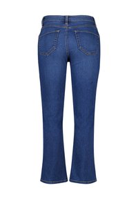 Donkerblauwe spijkerbroek met een flared model en een middenhoge taille, voorzien van twee achterzakken en contrasterende stiksels langs de naden.