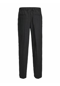 Black trousers with an elastic waistband, straight fit, and two back pockets. Fabric has a subtle texture, creating a relaxed appearance.