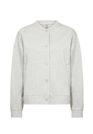 Felpa grigia chiara con collo rotondo, bottoni automatici frontali, tasche laterali e polsini e orlo a coste. Tessuto liscio in misto cotone.