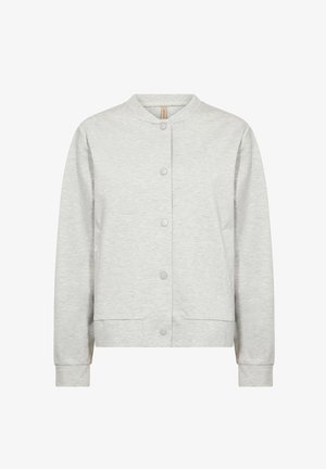 Felpa grigia chiara con collo rotondo, bottoni automatici frontali, tasche laterali e polsini e orlo a coste. Tessuto liscio in misto cotone.