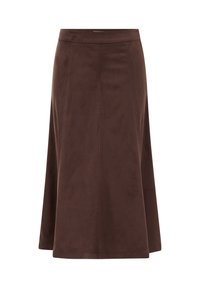 Fustă midi maro din piele intoarsă, croială în A, cu talie cambrată și detalii vizibile de cusături verticale, afișată pe un fundal alb.