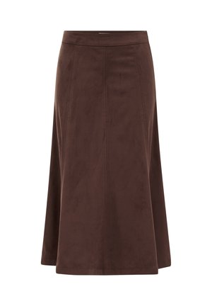 Gonna midi a linea A in camoscio marrone con vita aderente e dettagli di cuciture verticali visibili, mostrata su sfondo bianco.