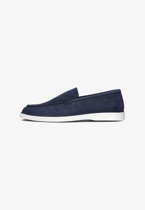 Navy blue slip-on footwear with a smooth textured upper, white rubber sole, and minimal stitching detail on the front.
